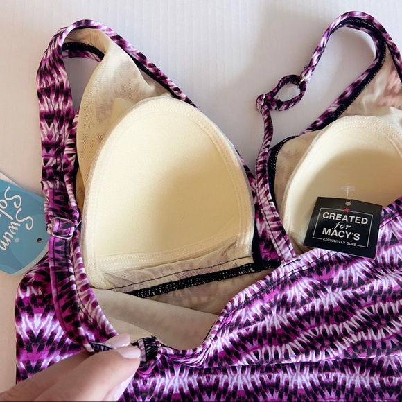 Swim Solutions Purple Slimming Ruched V Neck Wide Strap One Piece Swimsuit NEW - Picture 5 of 7